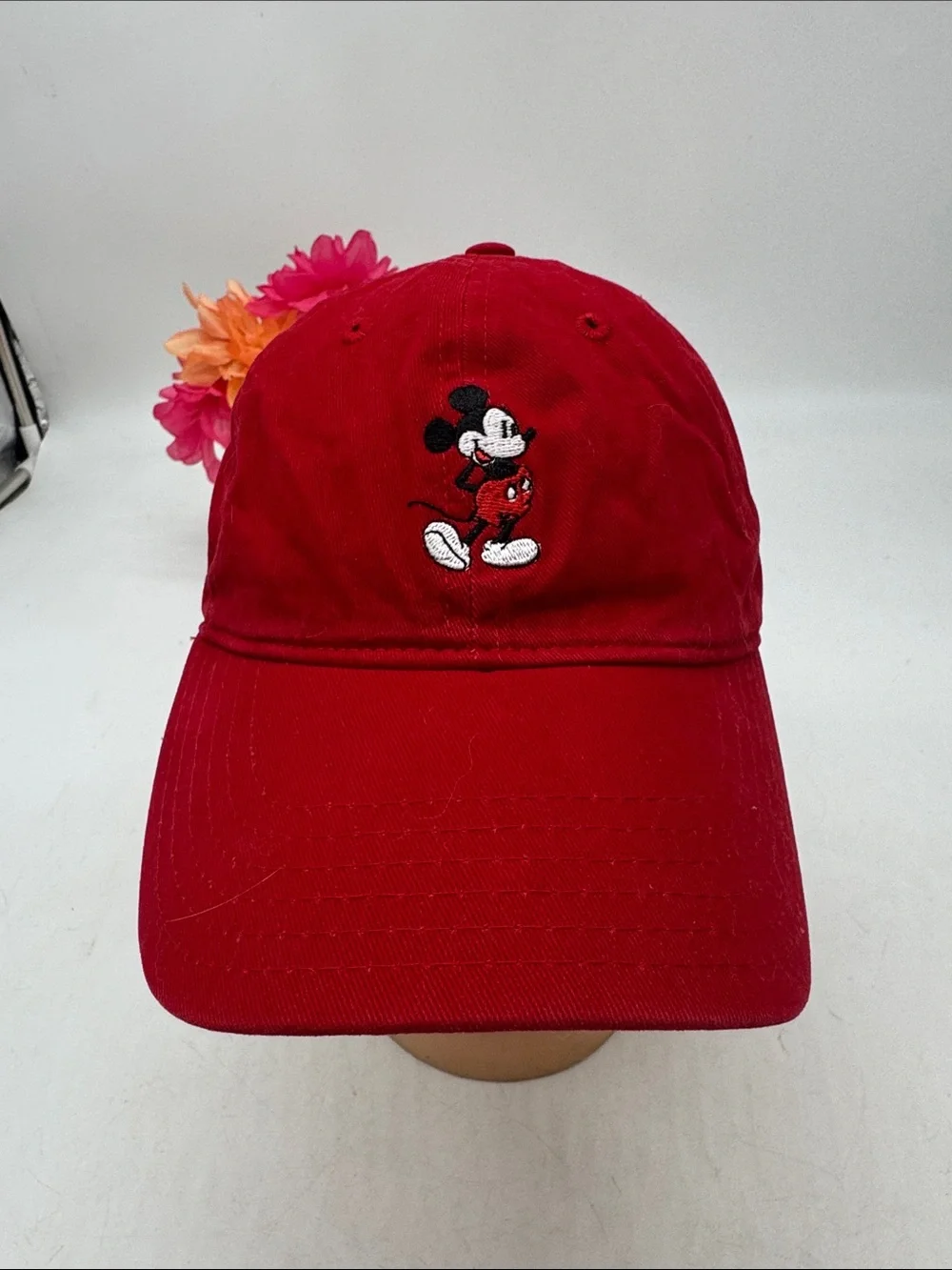 Red Baseball Cap with Embroidered Mickey Mouse